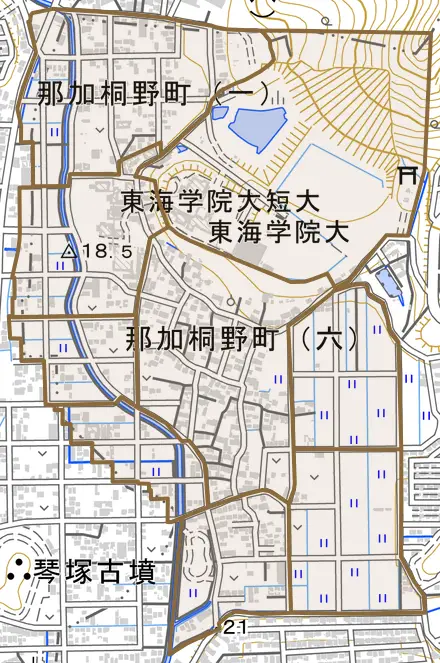 那加桐野町とその周辺の地図。町の範囲を重ねている