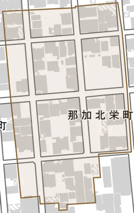 那加北栄町とその周辺の地図。町の範囲を重ねている
