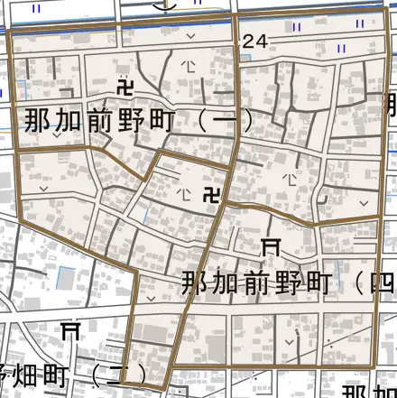 那加前野町とその周辺の地図。町の範囲を重ねている