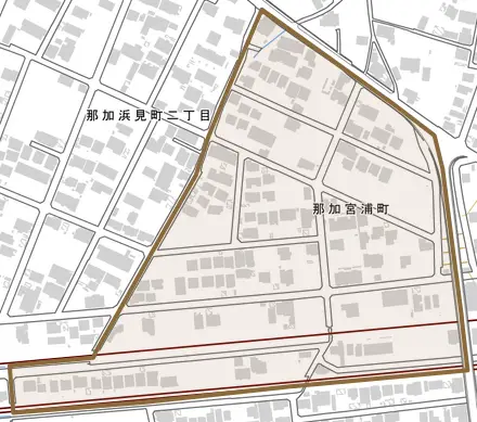 那加宮浦町とその周辺の地図。町の範囲を重ねている
