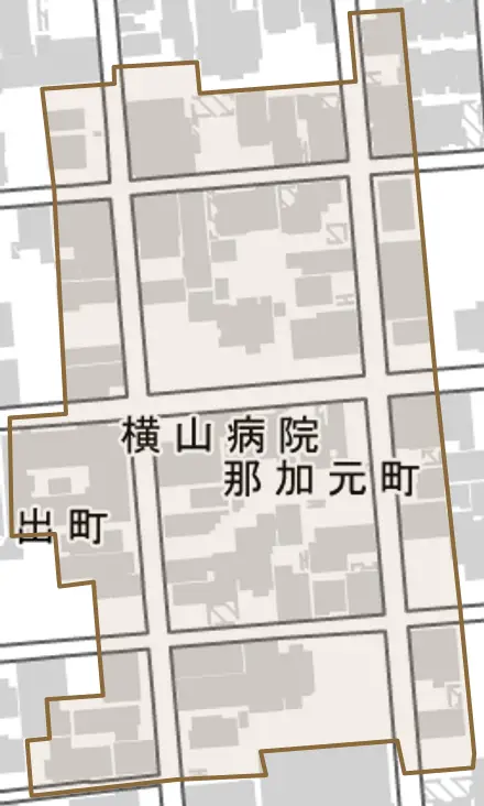 那加元町とその周辺の地図。町の範囲を重ねている
