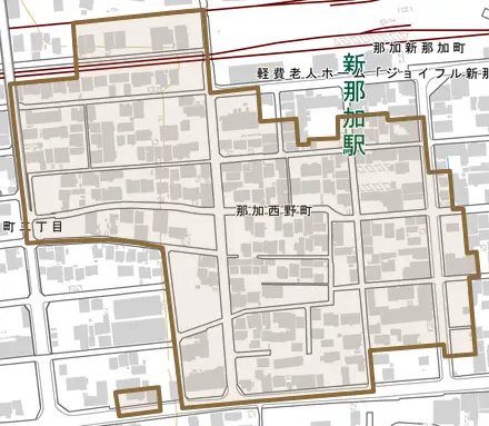 那加西野町とその周辺の地図。町の範囲を重ねている