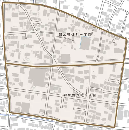 那加野畑町とその周辺の地図。町の範囲を重ねている