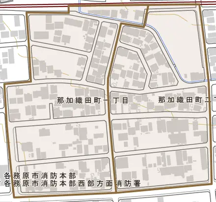 那加織田町とその周辺の地図。町の範囲を重ねている
