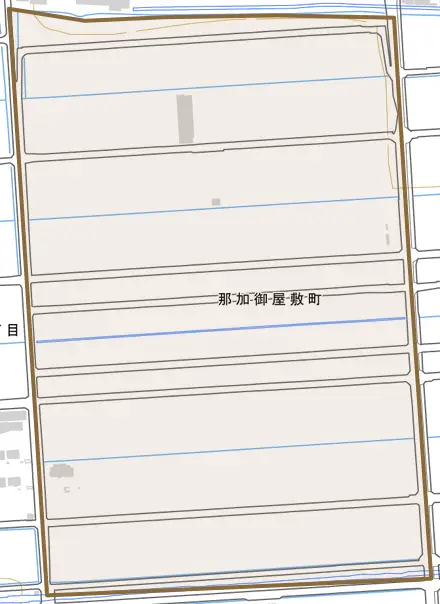 那加御屋敷町とその周辺の地図。町の範囲を重ねている