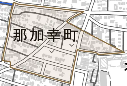 那加幸町とその周辺の地図。町の範囲を重ねている