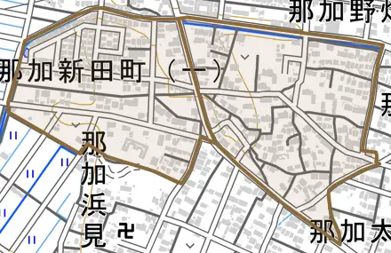 那加新田町とその周辺の地図。町の範囲を重ねている