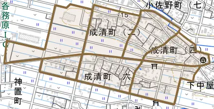 成清町とその周辺の地図。町の範囲を重ねている