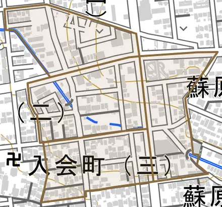 入会町とその周辺の地図。町の範囲を重ねている