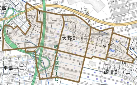 大野町とその周辺の地図。町の範囲を重ねている