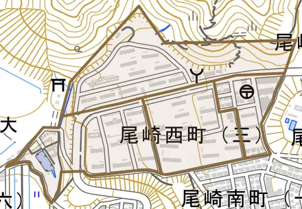 尾崎西町とその周辺の地図。町の範囲を重ねている