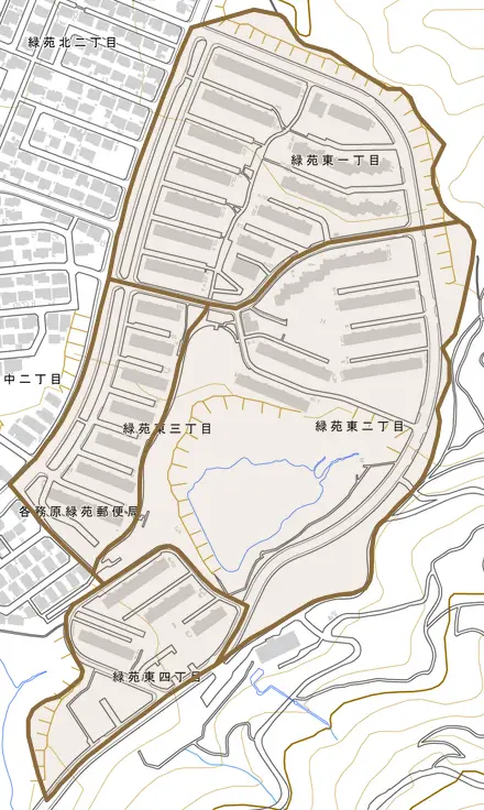 緑苑東とその周辺の地図。町の範囲を重ねている