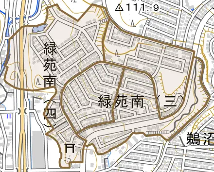 緑苑南とその周辺の地図。町の範囲を重ねている
