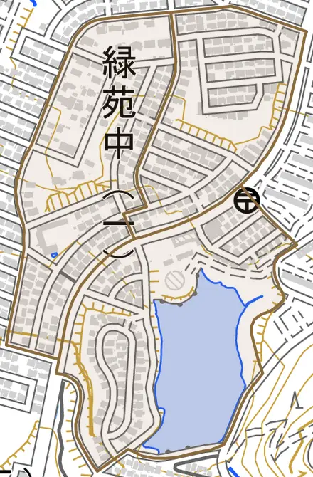緑苑中とその周辺の地図。町の範囲を重ねている