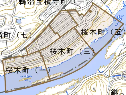 桜木町とその周辺の地図。町の範囲を重ねている