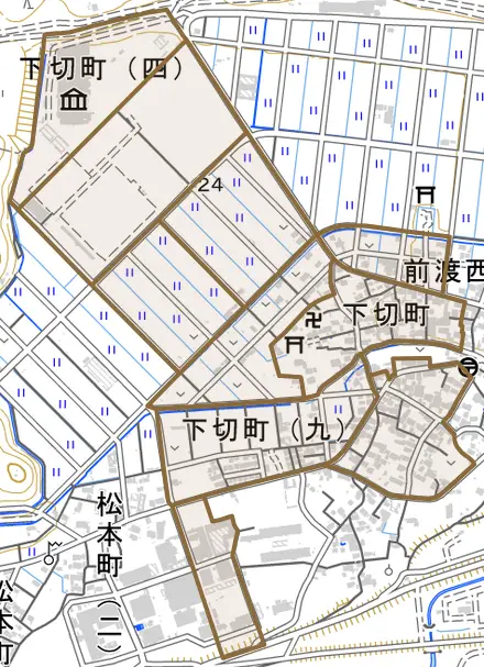 下切町とその周辺の地図。町の範囲を重ねている