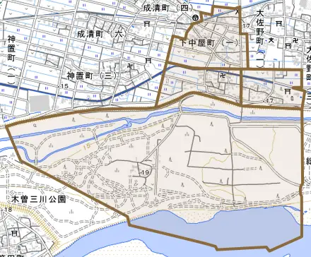 下中屋町とその周辺の地図。町の範囲を重ねている