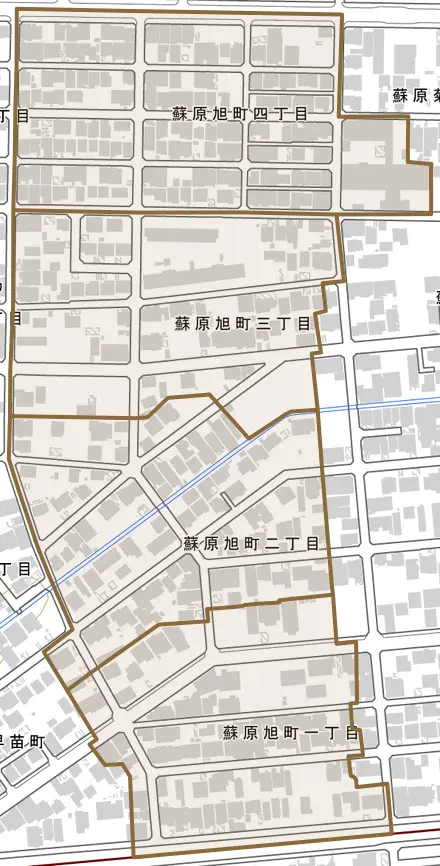 蘇原旭町とその周辺の地図。町の範囲を重ねている