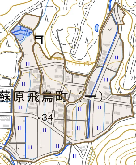 蘇原飛鳥町とその周辺の地図。町の範囲を重ねている