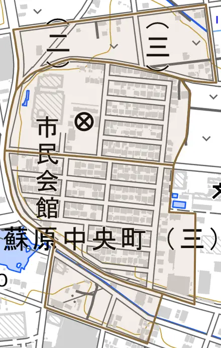 蘇原中央町とその周辺の地図。町の範囲を重ねている
