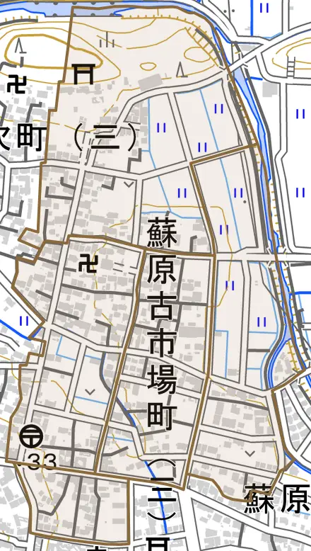 蘇原古市場町とその周辺の地図。町の範囲を重ねている