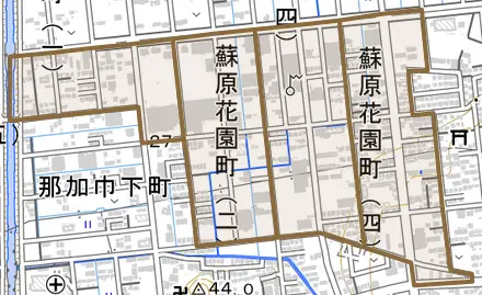 蘇原花園町とその周辺の地図。町の範囲を重ねている