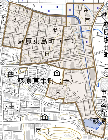 蘇原東島町とその周辺の地図。町の範囲を重ねている