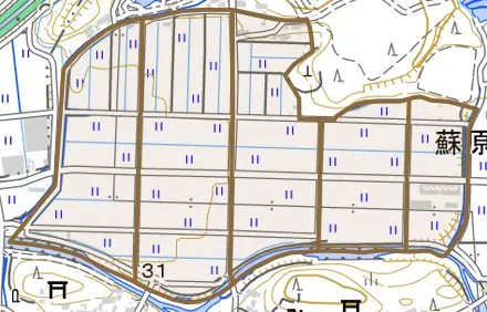 蘇原北陽町とその周辺の地図。町の範囲を重ねている