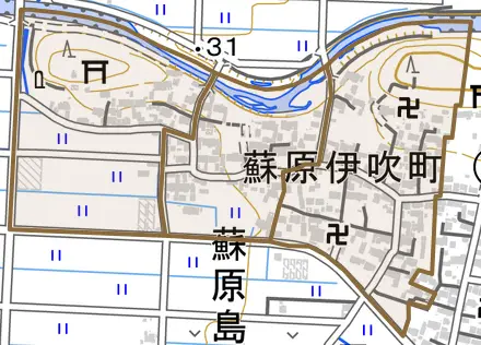 蘇原伊吹町とその周辺の地図。町の範囲を重ねている