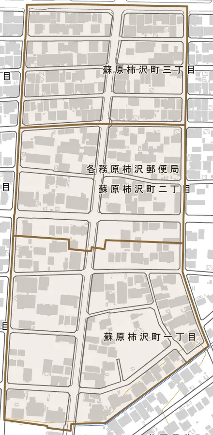 蘇原柿沢町とその周辺の地図。町の範囲を重ねている