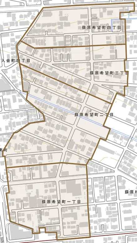 蘇原希望町とその周辺の地図。町の範囲を重ねている