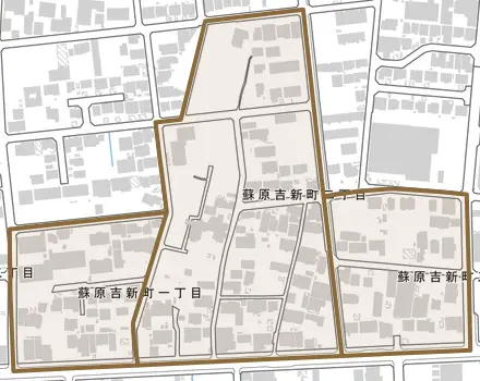 蘇原吉新町とその周辺の地図。町の範囲を重ねている