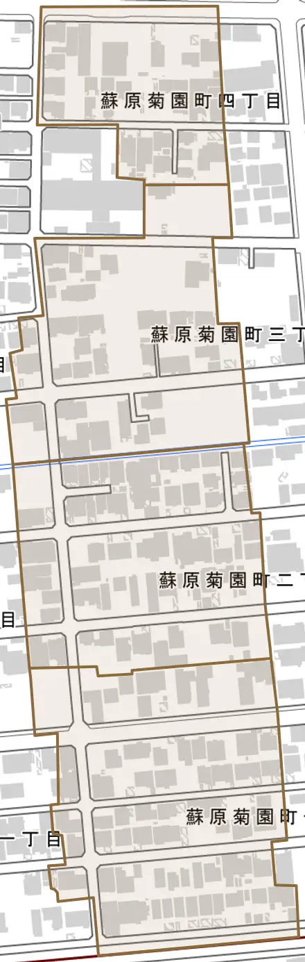蘇原菊園町とその周辺の地図。町の範囲を重ねている