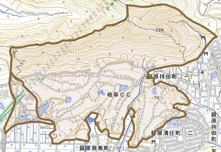 蘇原北山町とその周辺の地図。町の範囲を重ねている
