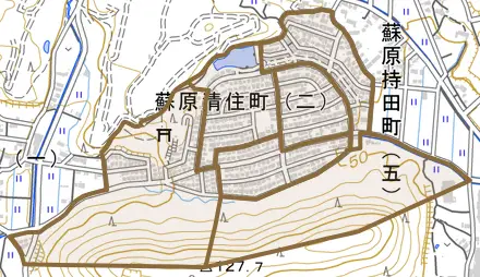 蘇原清住町とその周辺の地図。町の範囲を重ねている