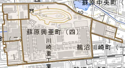 蘇原興亜町とその周辺の地図。町の範囲を重ねている