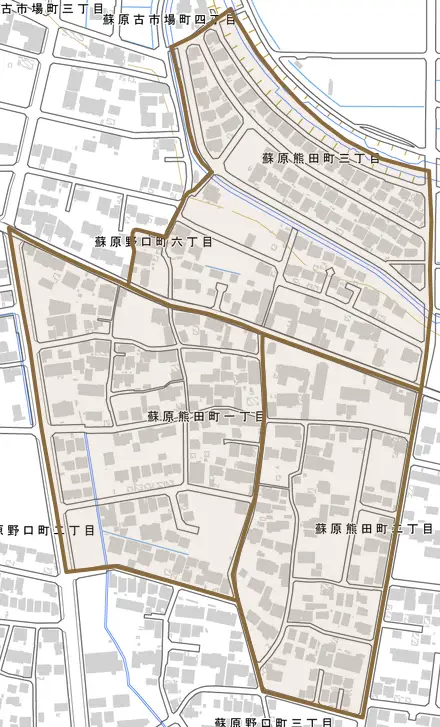 蘇原熊田町とその周辺の地図。町の範囲を重ねている