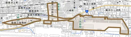 蘇原三柿野町とその周辺の地図。町の範囲を重ねている