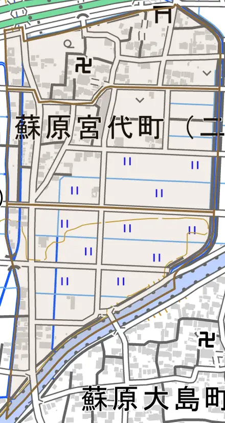 蘇原宮代町とその周辺の地図。町の範囲を重ねている