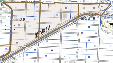 蘇原宮塚町とその周辺の地図。町の範囲を重ねている