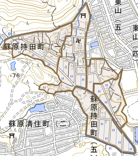 蘇原持田町とその周辺の地図。町の範囲を重ねている
