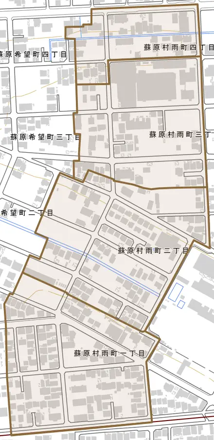 蘇原村雨町とその周辺の地図。町の範囲を重ねている