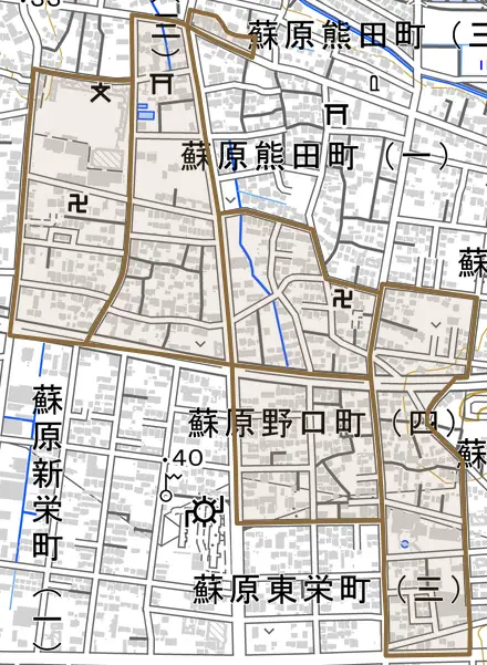 蘇原野口町とその周辺の地図。町の範囲を重ねている
