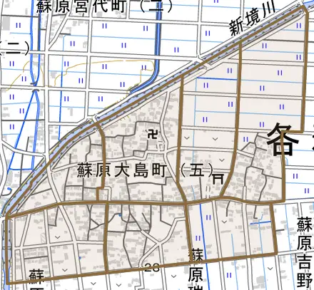 蘇原大島町とその周辺の地図。町の範囲を重ねている