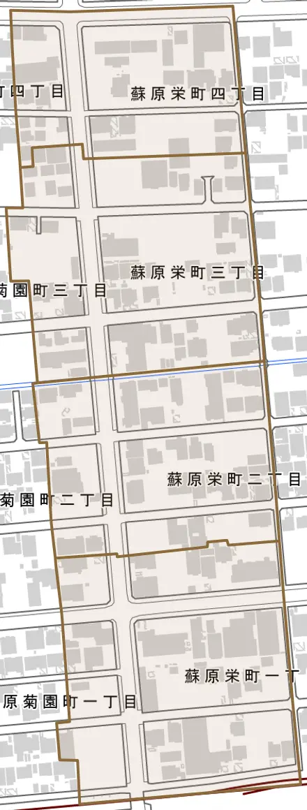 蘇原栄町とその周辺の地図。町の範囲を重ねている