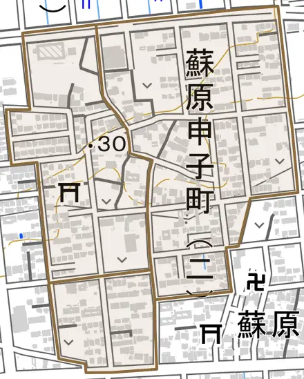 蘇原申子町とその周辺の地図。町の範囲を重ねている