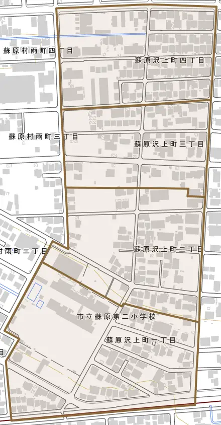 蘇原沢上町とその周辺の地図。町の範囲を重ねている
