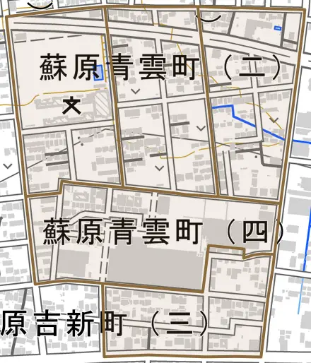 蘇原青雲町とその周辺の地図。町の範囲を重ねている