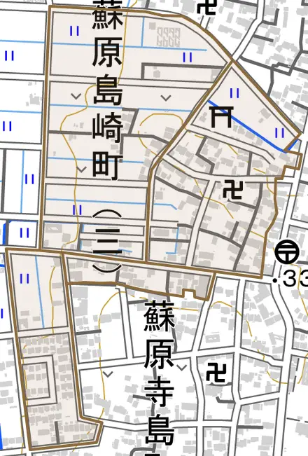 蘇原島崎町とその周辺の地図。町の範囲を重ねている