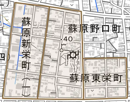 蘇原新栄町とその周辺の地図。町の範囲を重ねている